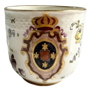 Antique Armorial Pearlware Porcelain Teacup Demitasse, Hand Painted Flowers & Crest For Sale