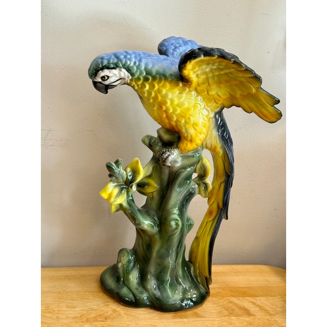 Ceramic Large Hand-Painted Majolica Ceramic Macaw Sculpture For Sale - Image 7 of 11