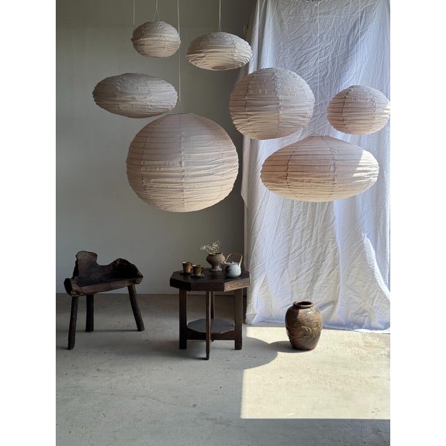 Japanese-Style Round Pink Rattan and Natural Linen Pendant Light For Sale - Image 5 of 18