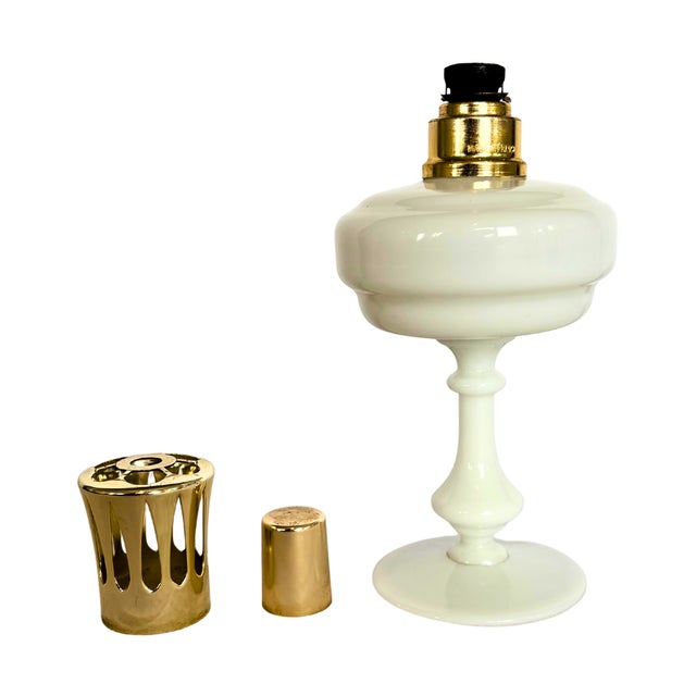 Gold Vintage French White Opaline Lamp from Lampe Berger and Opalescent Soliflore Vase, 1950, Set of 2 For Sale - Image 8 of 9