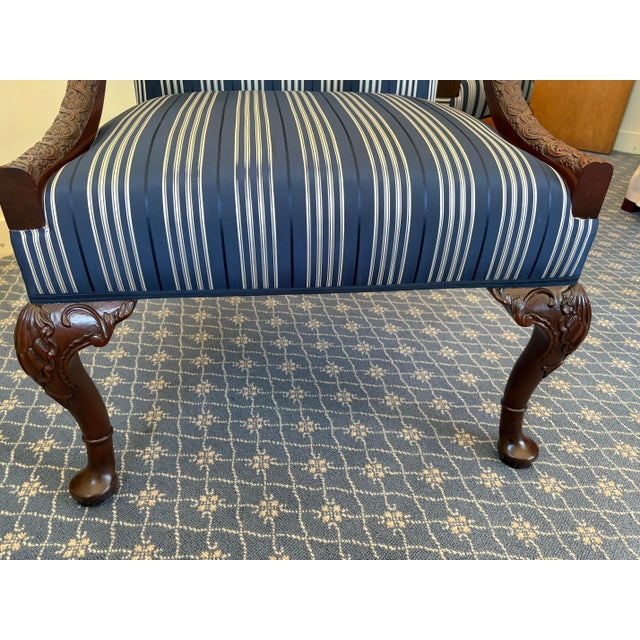 Pair of Kittinger Mahogany Carved Library Armchairs in Ralph Lauren Pinstripe Silk For Sale - Image 9 of 12