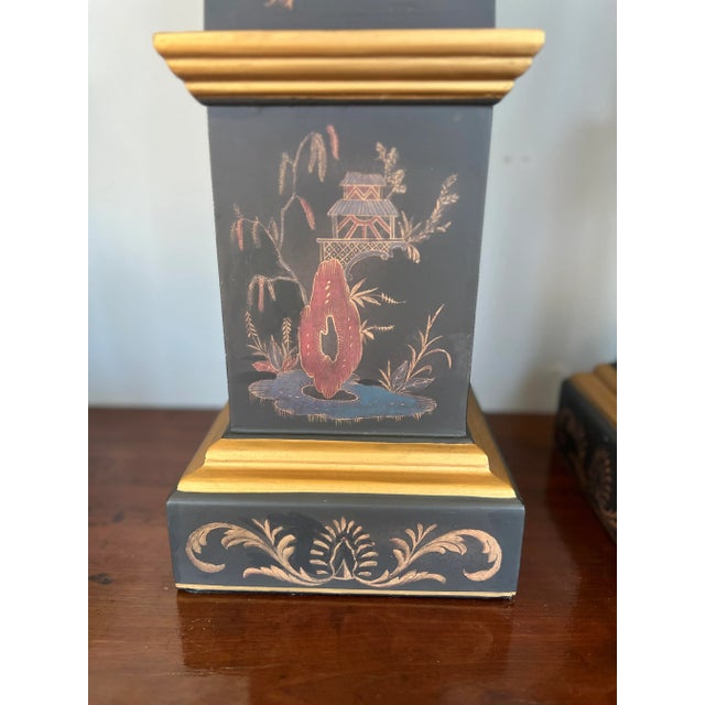 Wood Pair, Vintage Chinoiserie & Partial Gilt Wood Decorated Obelisks For Sale - Image 7 of 8