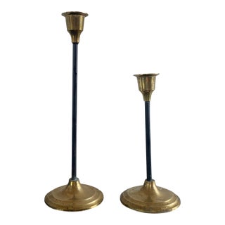 Pair of Vintage Brass and Black Metal Candlesticks For Sale