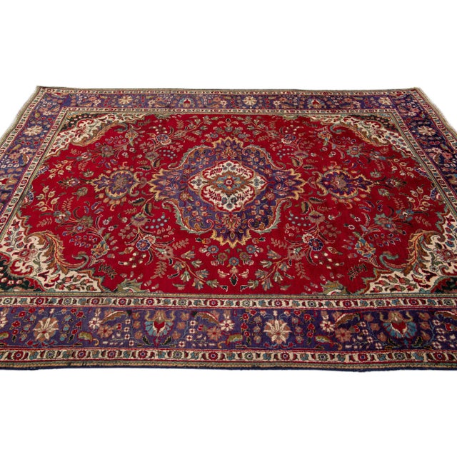 1960s 1960s Vintage Persian Tabriz Handmade Medallion Red Wool Rug For Sale - Image 5 of 7