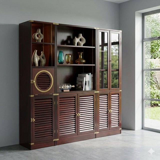 Mahogany veneered nautical-style sideboard by la vecchia mare. Base units with slatted doors, upper units with glass doors...