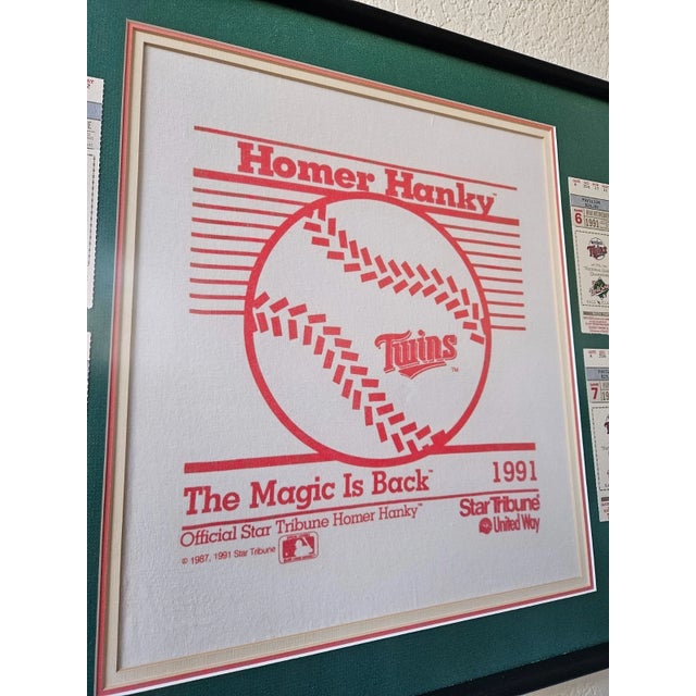 American 1990s Minnesota Twins World Series Homer Hanky Rally Towel Framed With Ticket Stubs. For Sale - Image 3 of 9
