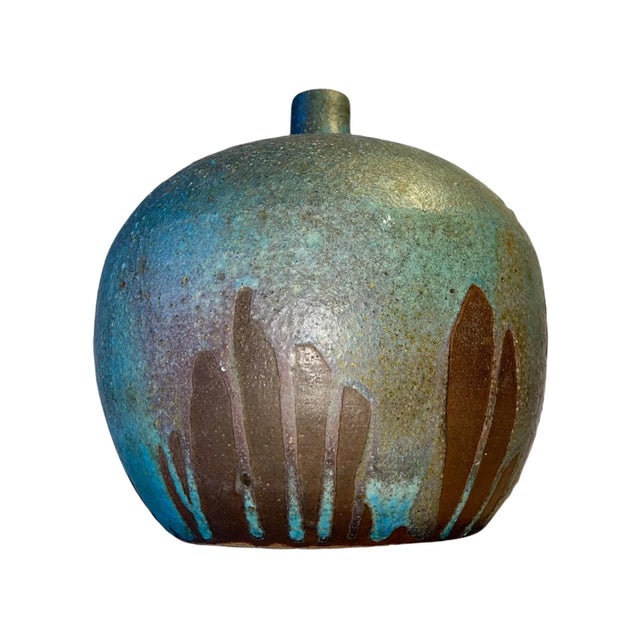 Vintage Mid Century Blue Green Drip Glazed Brown Vase For Sale - Image 6 of 13