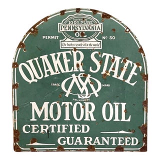 1920s Green & White Quaker State Porcelain Sign For Sale