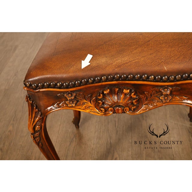 Wood Rococo Style Leather Upholstered Carved Mahogany Window Bench For Sale - Image 7 of 18