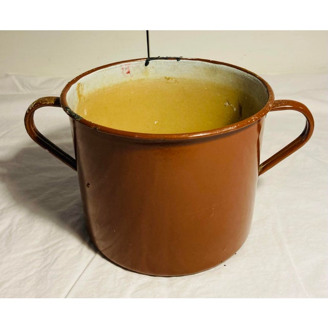 Campaign Vintage Large Enamelware Pot Two Handles Curved Lip at Top For Sale - Image 3 of 5