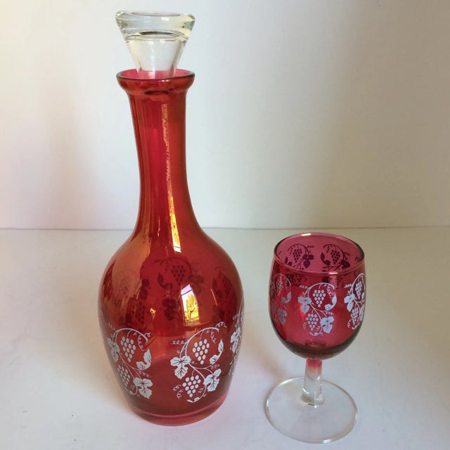 Vintage Opalescent Cranberry Red Port Decanter and 6 Glasses -Set of 7 For Sale - Image 4 of 11