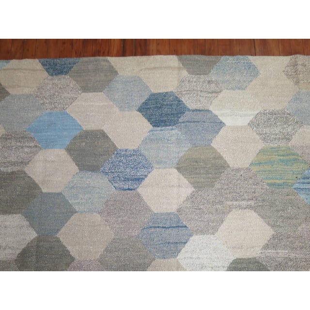 Mid-Century Modern White Blue Gray Vintage Turkish Kilim For Sale - Image 3 of 6