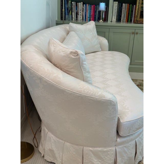 1950s Vintage Curved Skirted Sofa Reupholstered in Ivory Silk Damask For Sale - Image 5 of 13