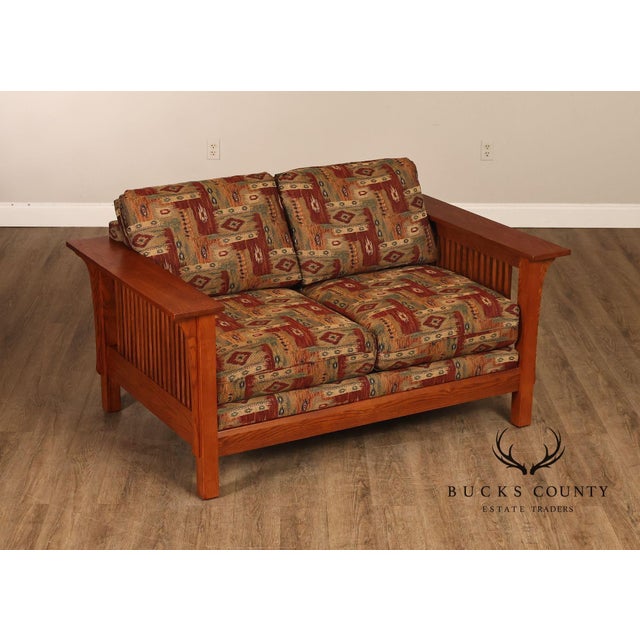 High Quality American Made Oak Spindle Frame Loveseat or Settee with Custom Upholstered Cushions