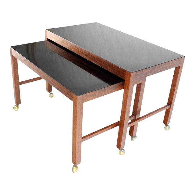 Set Danish Mid Century Modern Walnut Base Black Laminate Nesting Table MINT - Set of 2 For Sale