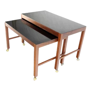 Set Danish Mid Century Modern Walnut Base Black Laminate Nesting Table MINT - Set of 2