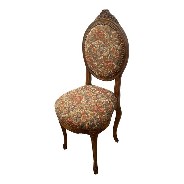 Vintage Accent Chair, Carved Back, Solid Walnut, Flower Embroidery Seat and Back For Sale