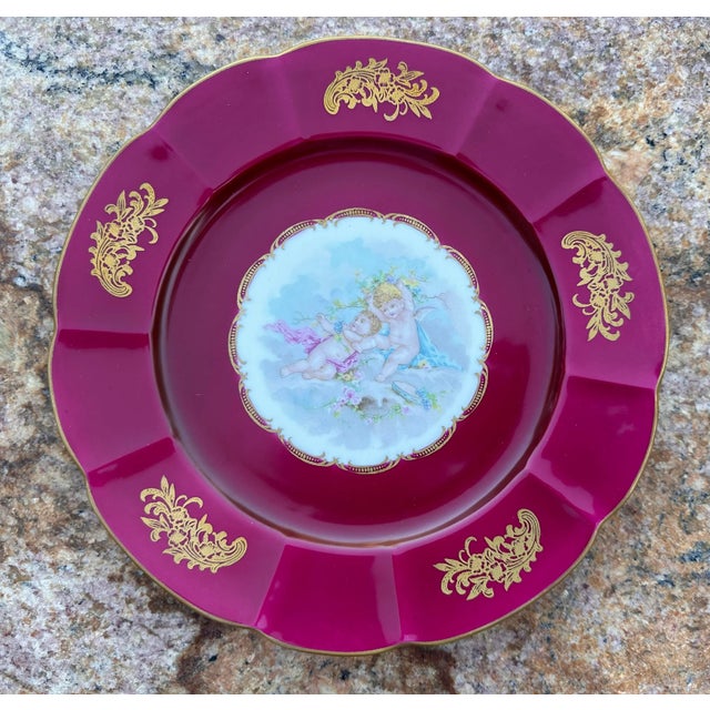 Vintage French Hand Painted Cherubs Gold Gilt Red Porcelain Decorative Plate For Sale In San Diego - Image 6 of 10