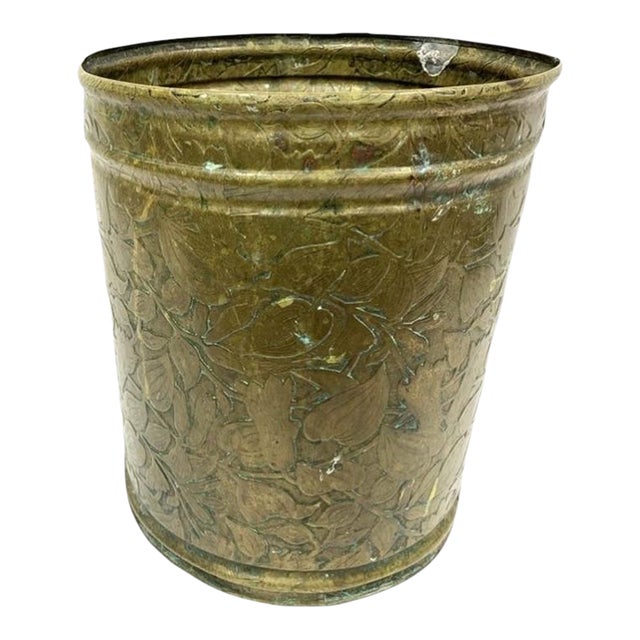 1920s Arts and Crafts Brass Repoussé Wastebasket For Sale