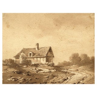 Possibly Amédée Bourgeois, Rural House in France, Early 19th Century, Watercolour For Sale