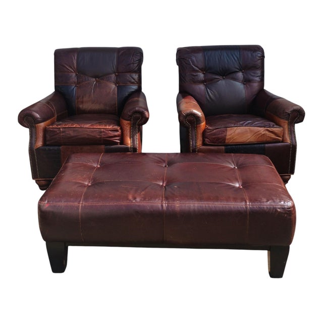 1980s Stunning 3-Piece Seating Set: Paul Robert Patchwork Leather Club Chairs & Pottery Barn Ottoman For Sale - Image 12 of 12
