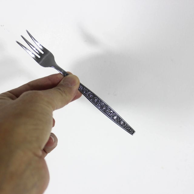 1960s Vintage Stainless Cocktail Forks- Set of 6 Antigua Pattern For Sale - Image 5 of 7