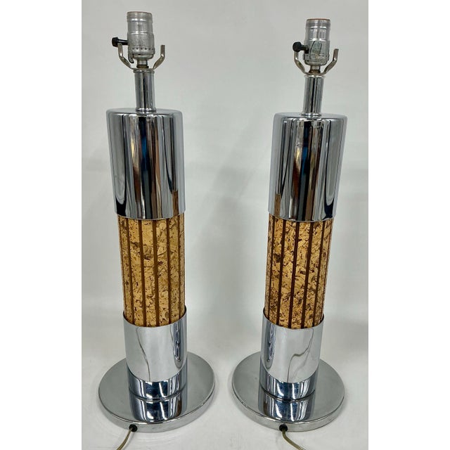 Mid-Century Modern Pair of Modernist Polished Chrome and Cork Table Lamps For Sale - Image 3 of 12