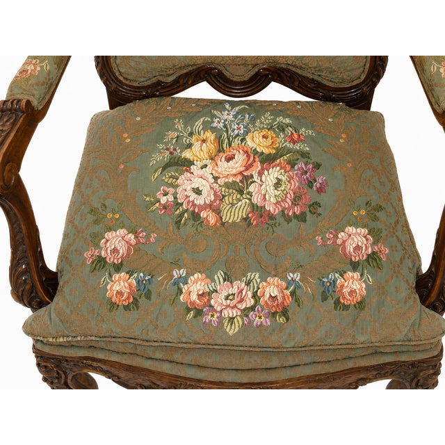 Wood Ornate French Louis XV–Style Carved Wood Armchair With Floral Tapestry Upholstery For Sale - Image 7 of 15