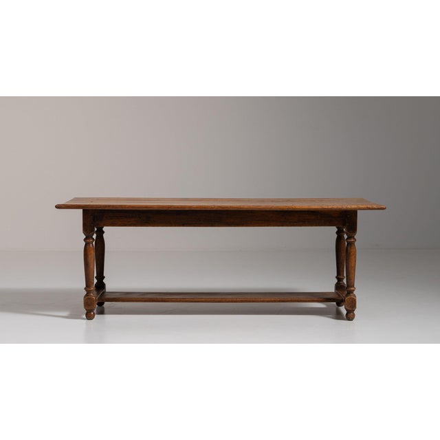 Amber 1970-1979 France Weathered Honey Oak Oak Trestle Bench Table For Sale - Image 8 of 11