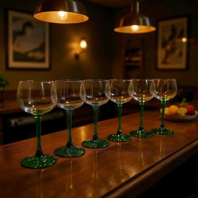 Glass Vintage Luminarc Durand France Emerald Green Stem Small Wine Glasses- Set of 6 For Sale - Image 7 of 7