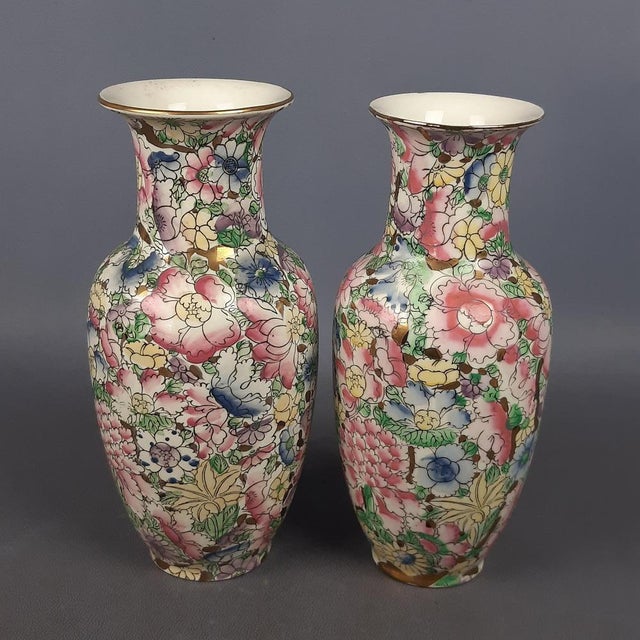 A wonderful pair of Chinese decorative vases, original and marked on the base, made in the 1940s. Subject and Style:...