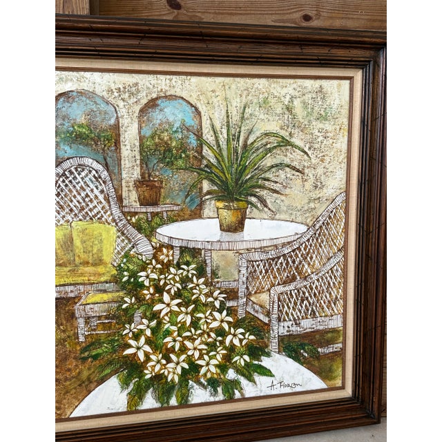 Realism Vintage Coastal Boho Veranda Still Life Wood Framed Oil Painting on Canvas Signed For Sale - Image 3 of 12
