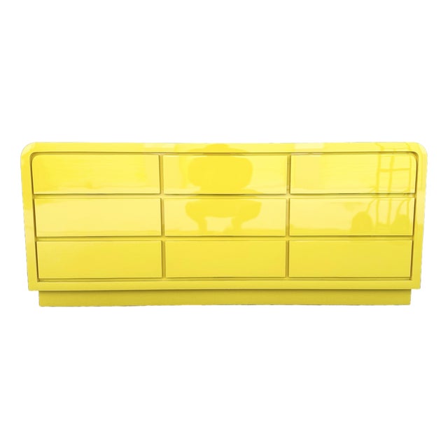 Postmodern Yellow Gloss Laminate Waterfall Dresser - 9 Drawers For Sale