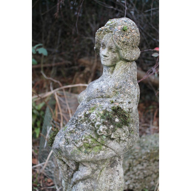 Garden Statue in Reconstituted Stone with Figure of Classical Maiden Holding Flowers For Sale - Image 4 of 16