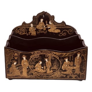 Antique Meiji Period Japanned Letter Holder With Gilt Chinoiserie Figures For Sale