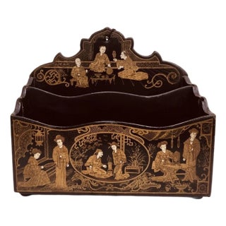 Antique Meiji Period Japanned Letter Holder,Chinoiserie For Sale