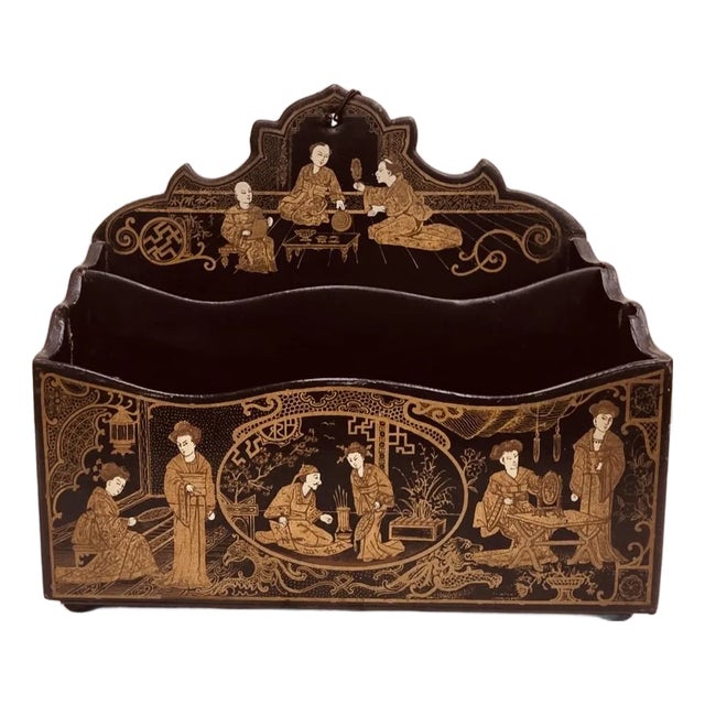 Antique Meiji Period Japanned Letter Holder,Chinoiserie For Sale