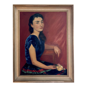 1950s Adolf Loy Gemälde Seated Lady With Roses Large Oil Portrait Painting on Board