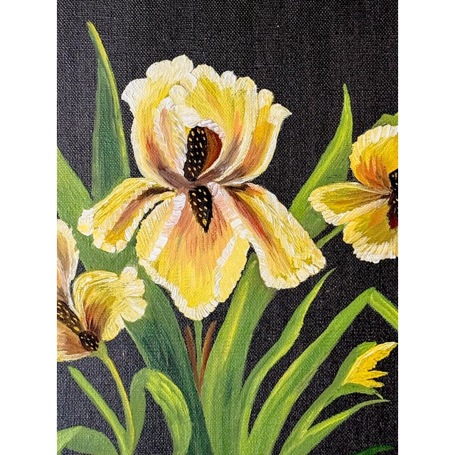 Beautiful, striking original oil painting of vibrant, frilly yellow irises on a black background. The contrast between the...
