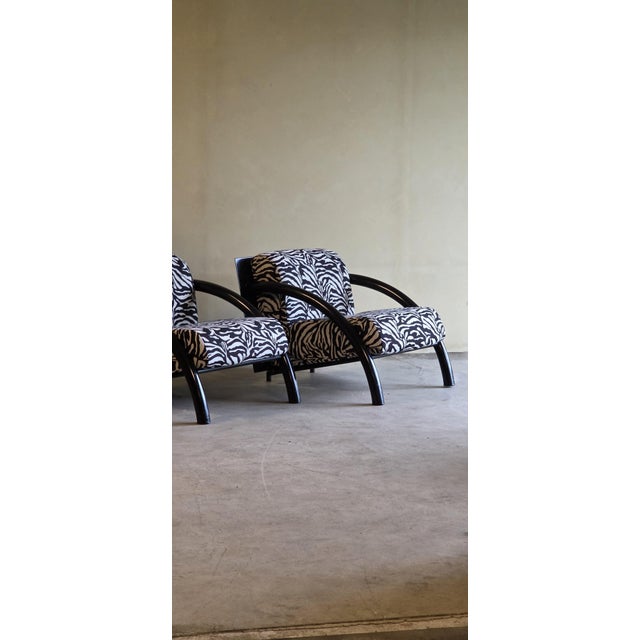 Postmodern Black Armchairs with Zebra Print Cushions, 1980s, Set of 2, in Very Good conditions. Designed 1980 to 1989
