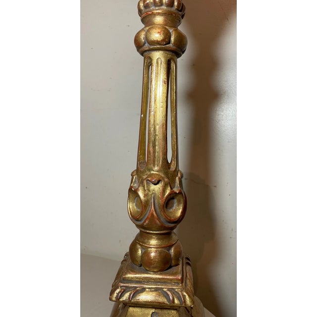 Wood Pair Large Vintage Carved Ornate Gold Gilt Wood Religious Altar Candlesticks For Sale - Image 7 of 11