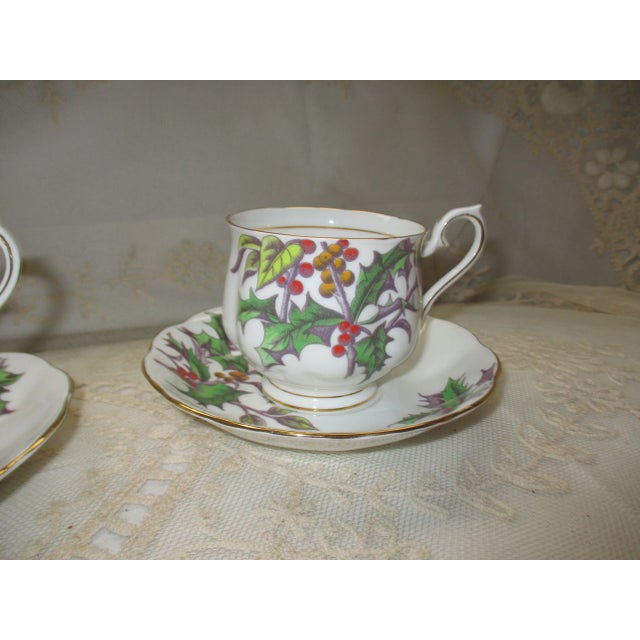 1950s Royal Albert Bone China Flower of the Month Series #12 Holly 3 Teacups & Saucers Set- 6 Pieces For Sale In Columbia, SC - Image 6 of 10