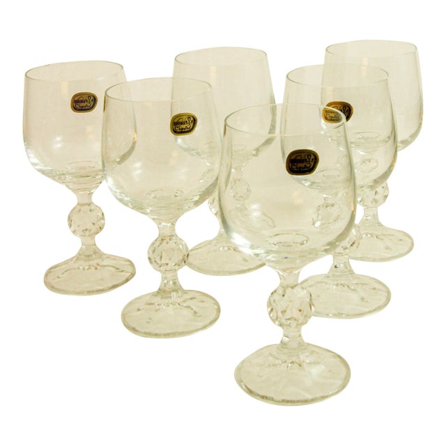 Claudia Bohemia Stem Crystal Wine Glasses Set of 6 in Box For Sale