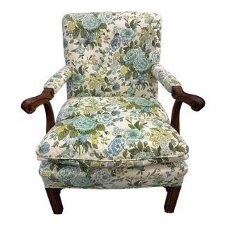 Mid 20th Century Mid Century Green and Blue Floral Upholstered Armchair With Carved Wooden Arms For Sale