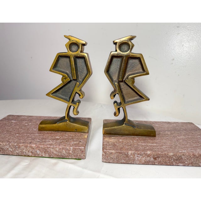 Metal Vintage Heavy Pair Modernist Mid Century Modern Bronze Marble Figural Bookends For Sale - Image 7 of 12