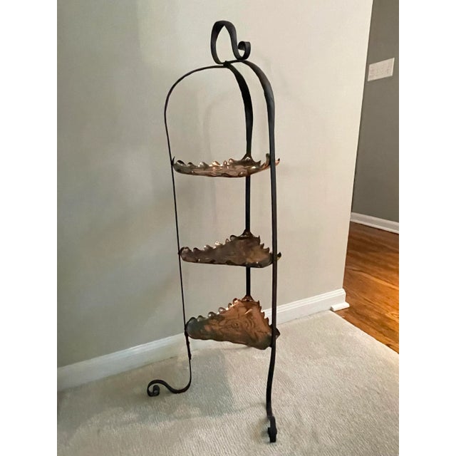 Mid 20th Century Vintage Midcentury Arts & Crafts Style Wrought Iron & Copper 3-Tier Stand For Sale - Image 5 of 10
