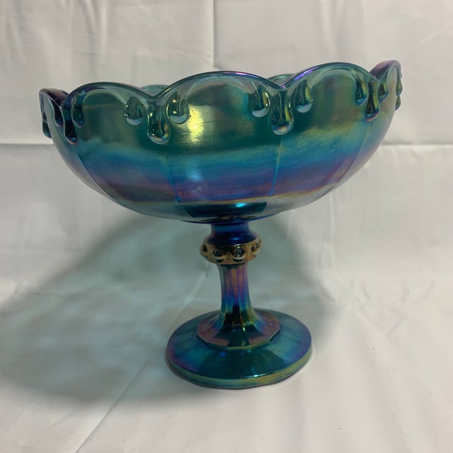 1960s Indiana Garland Teardrop Carnival Glass Iridescent Large Pedestal Compote For Sale In Chicago - Image 6 of 7