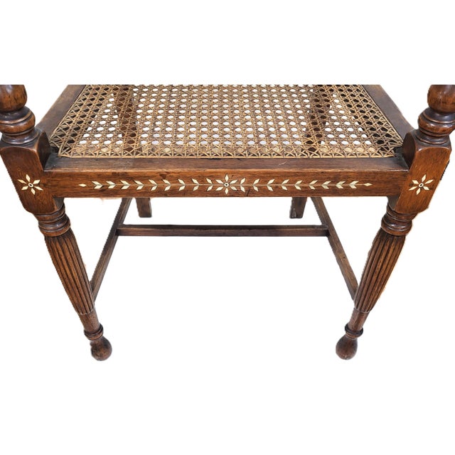 Antique English Anglo - Indian Carved & Inlaid Caned Seat Desk Armchair For Sale - Image 15 of 18