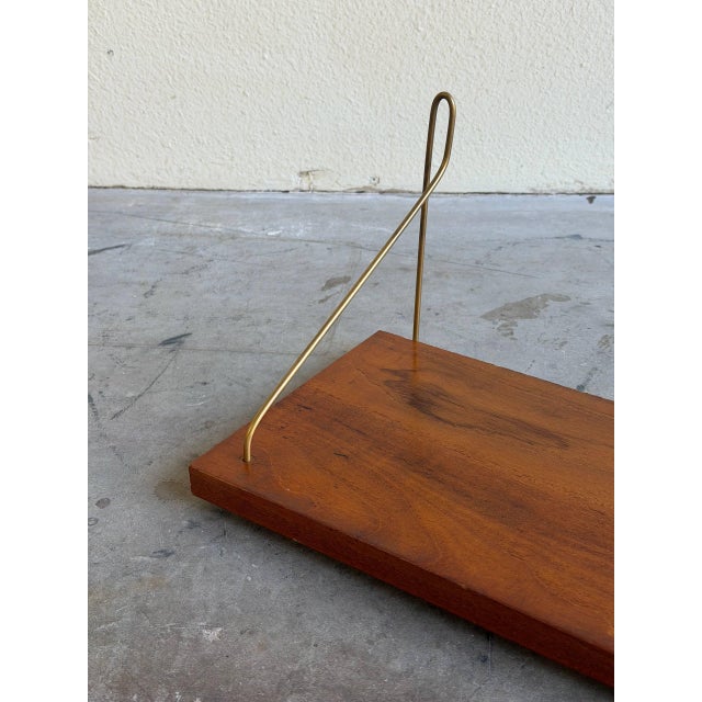 Brown Vintage Danish Teak Floating Shelf With Brass Brackets – Mid-Century Modern Wall Shelf For Sale - Image 8 of 9