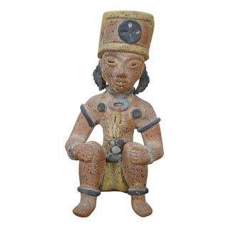 Vintage Terracotta Pre Columbian Style Seated Aztec Mayan Figure Statue 9" For Sale
